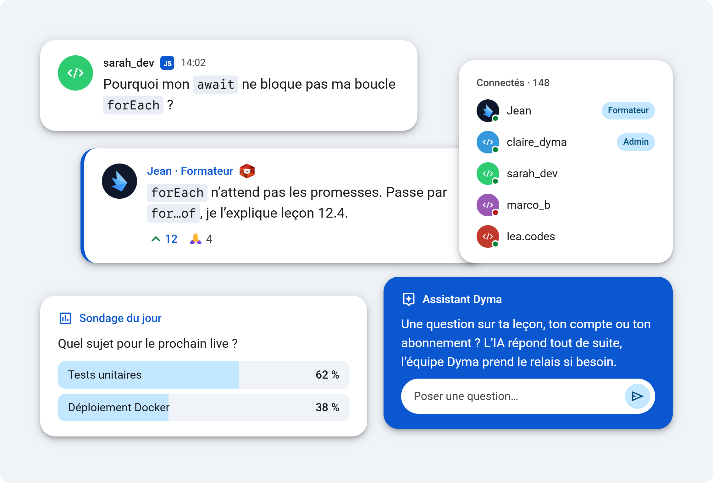 Le chat communautaire, avec un formateur et un administrateur connectés, et Assistant Dyma